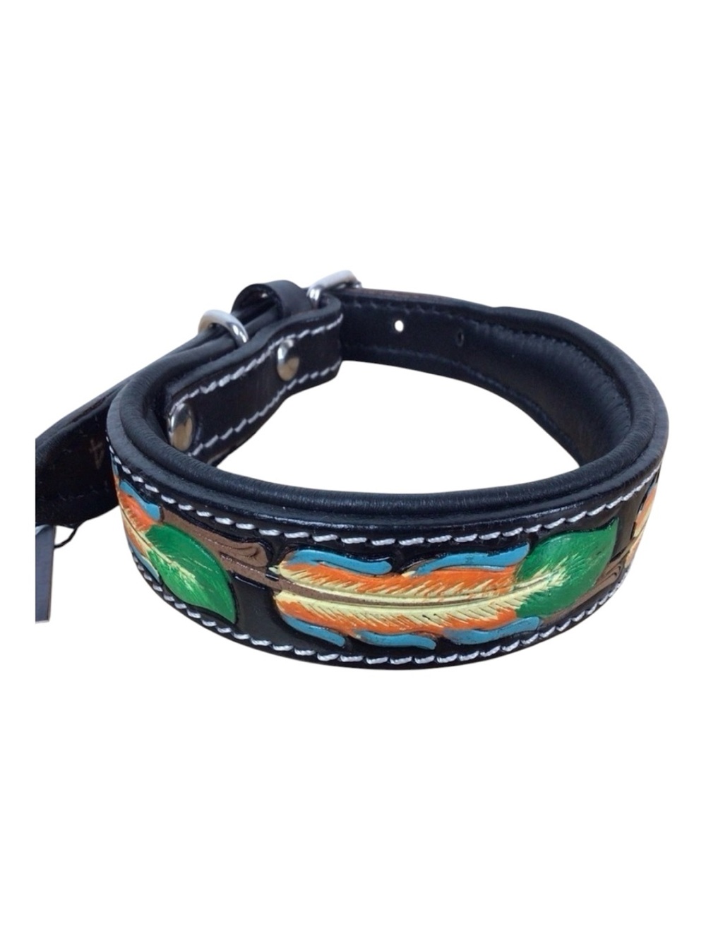 Mad Cow genuine leather dog collar handmade black green orange design western